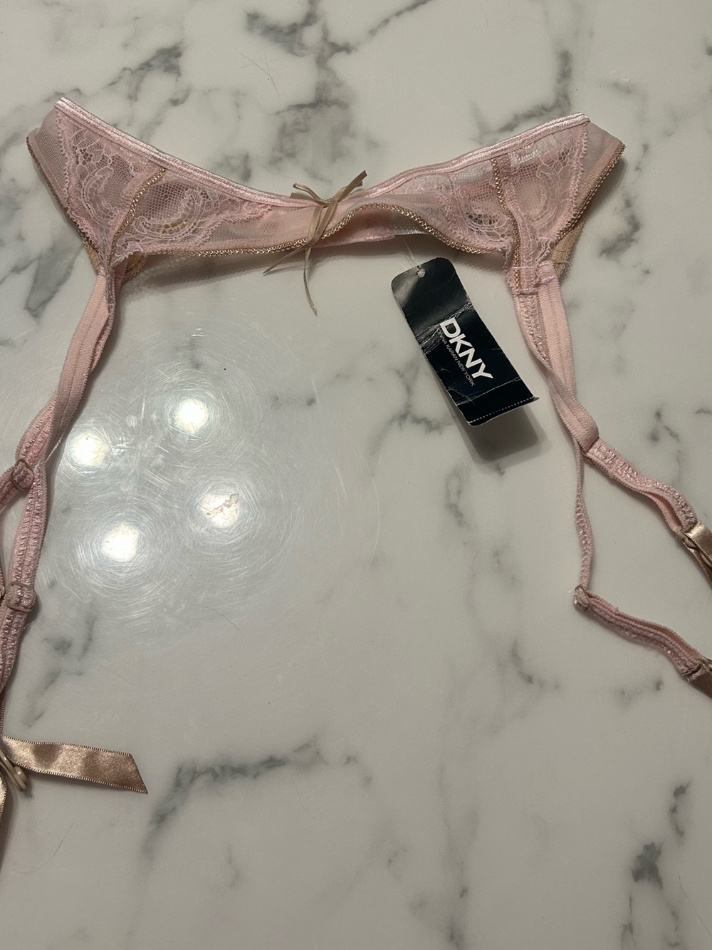 DKNYC Light Pink Lace Garter Belt with Satin Trim